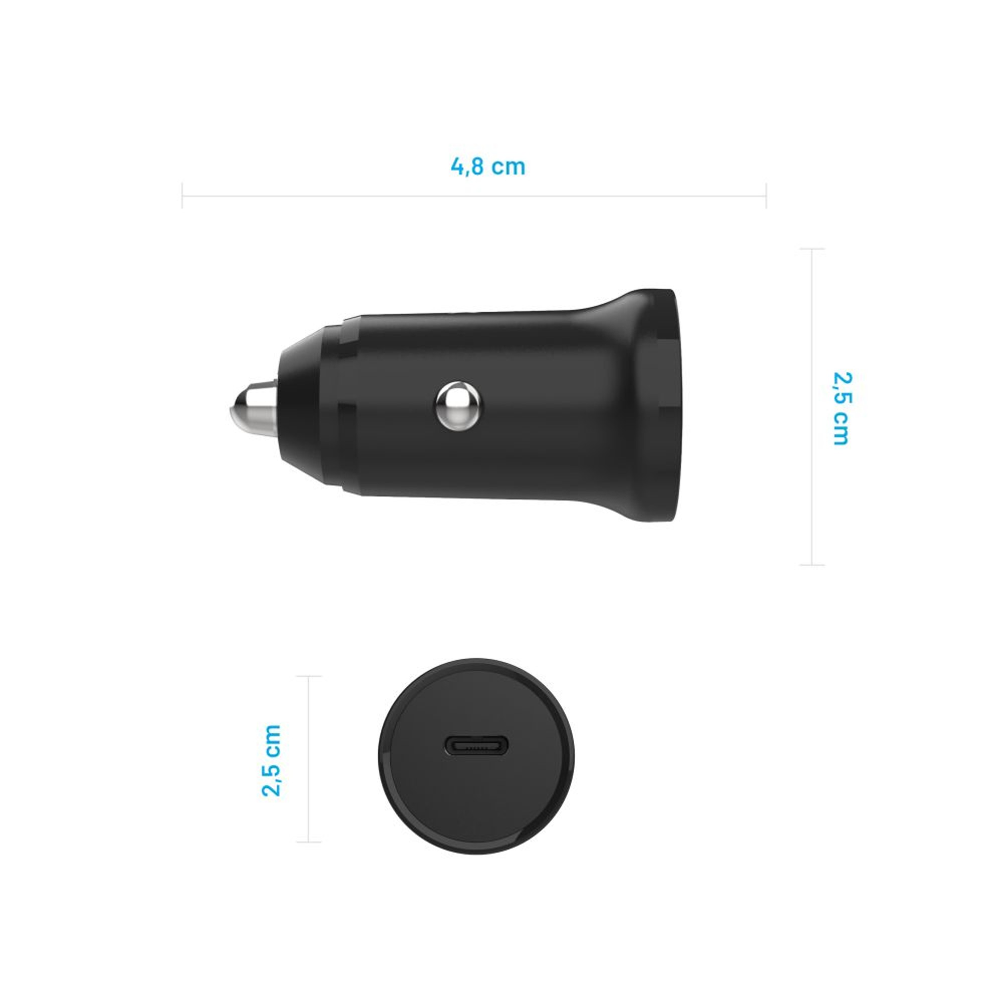 Ein schwarzes Autoladegerät mit zwei USB-Anschlüssen. Zylindrisch, mit Zentimeter-Messungen.