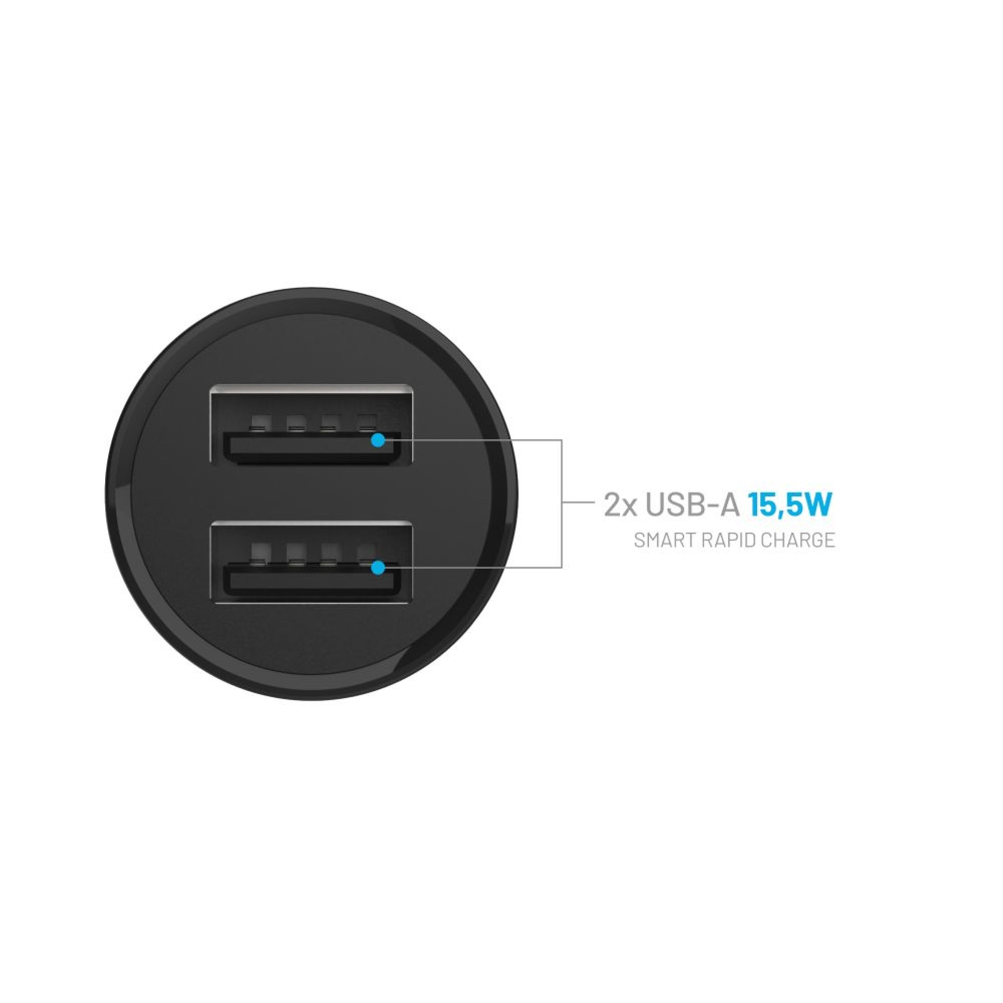 Nahaufnahme eines schwarzen Autoladegeräts mit zwei USB-Anschlüssen. Markiert: 2x USB-A 15,5W, Smart Rapid Charge.