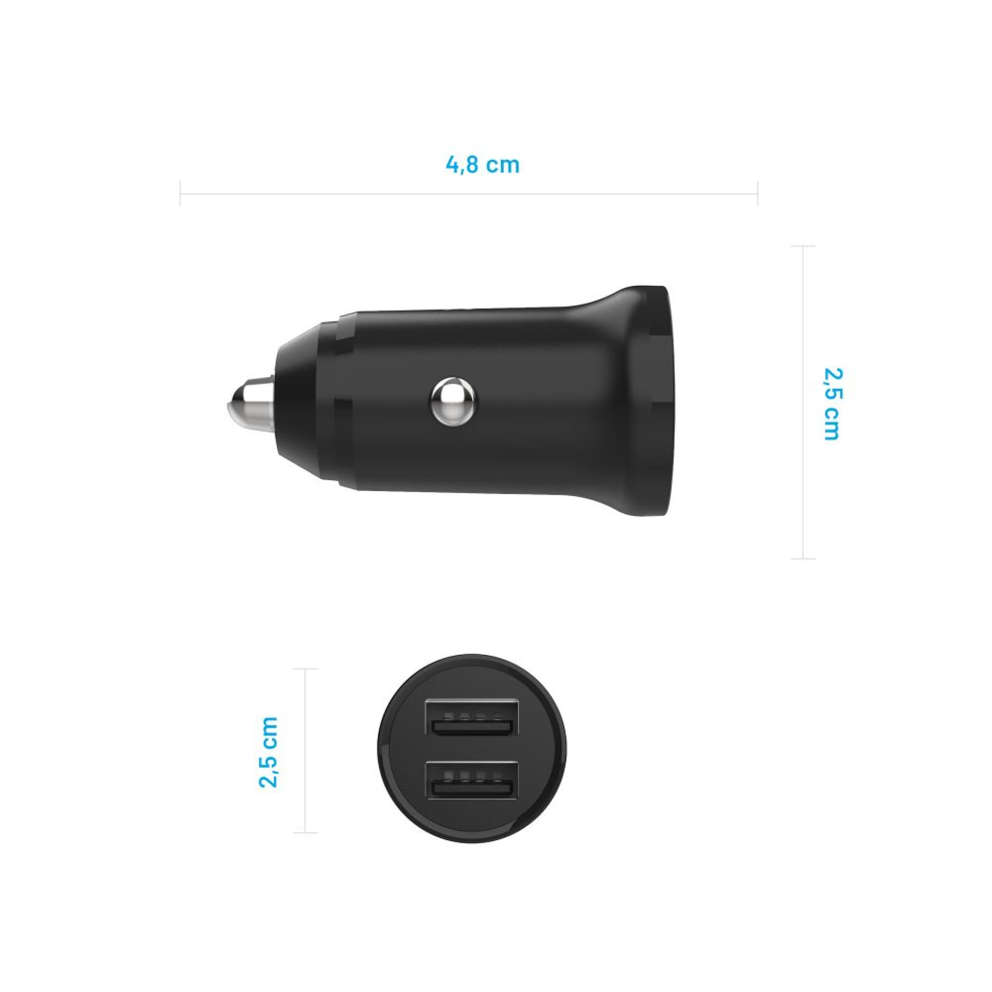 Ein schwarzes Autoladegerät mit zwei USB-Anschlüssen. Die Messungen sind in Zentimetern angegeben.