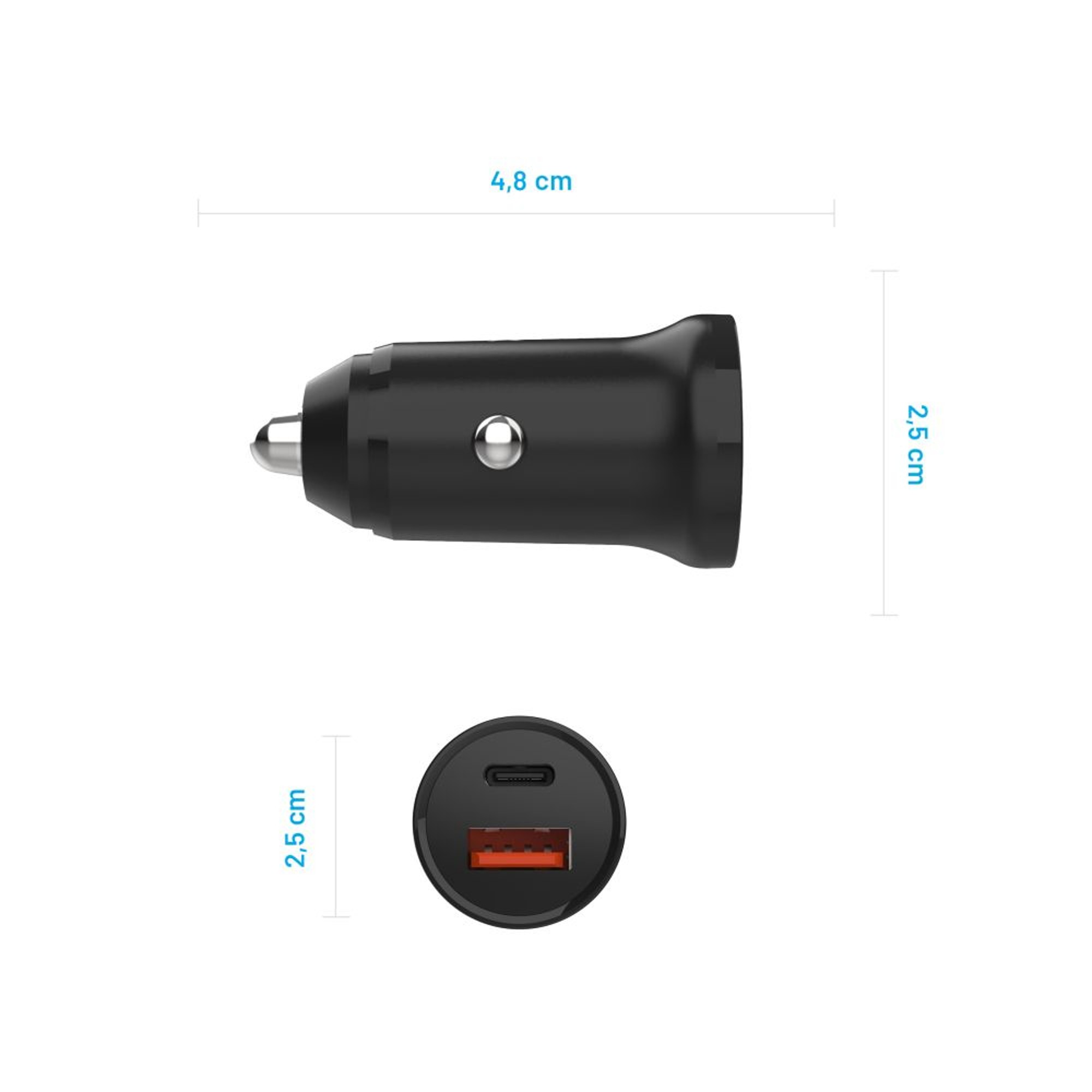 Autoladegerät mit Maßen. Das Ladegerät ist schwarz, mit USB-C- und USB-A-Anschlüssen.