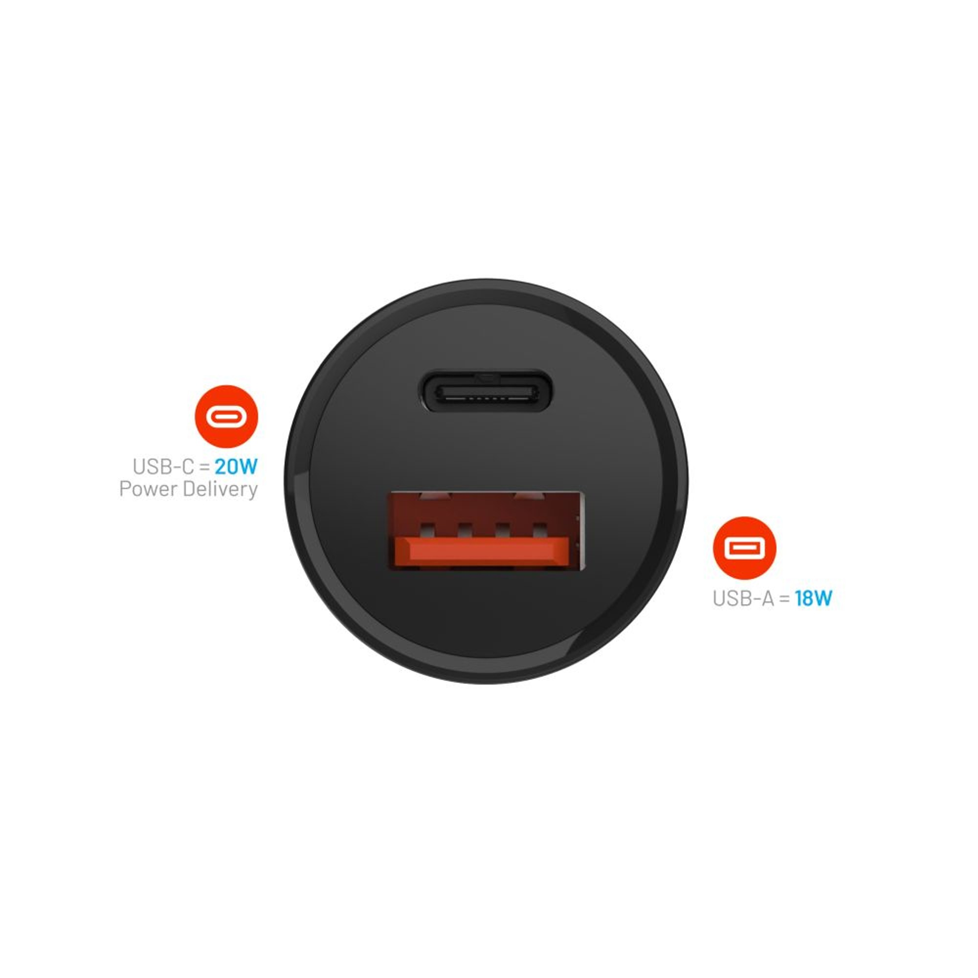 Schwarzes Autoladegerät mit zwei Anschlüssen. USB-C 20W und USB-A 18W Stromversorgung.