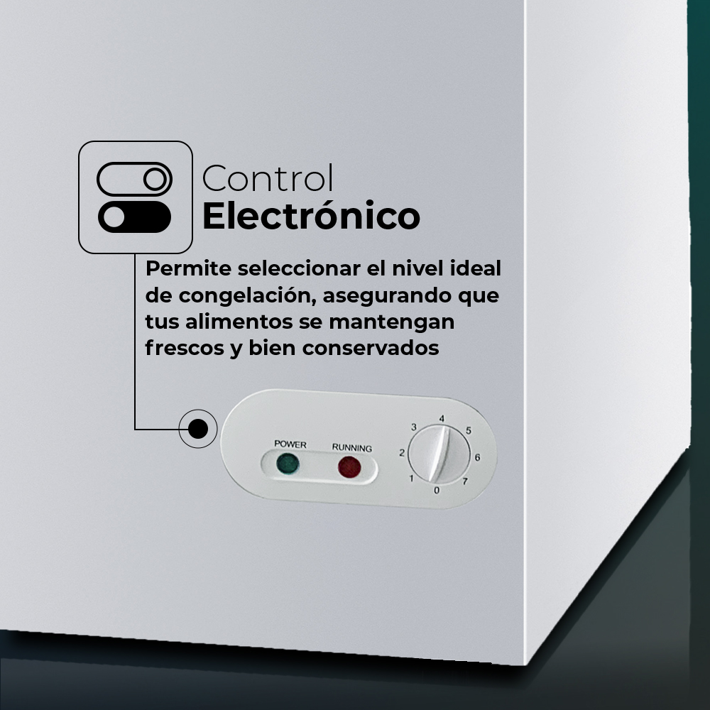 Primer plano del panel de control de un congelador horizontal. Incluye luces indicadoras de encendido y funcionamiento, y un dial.