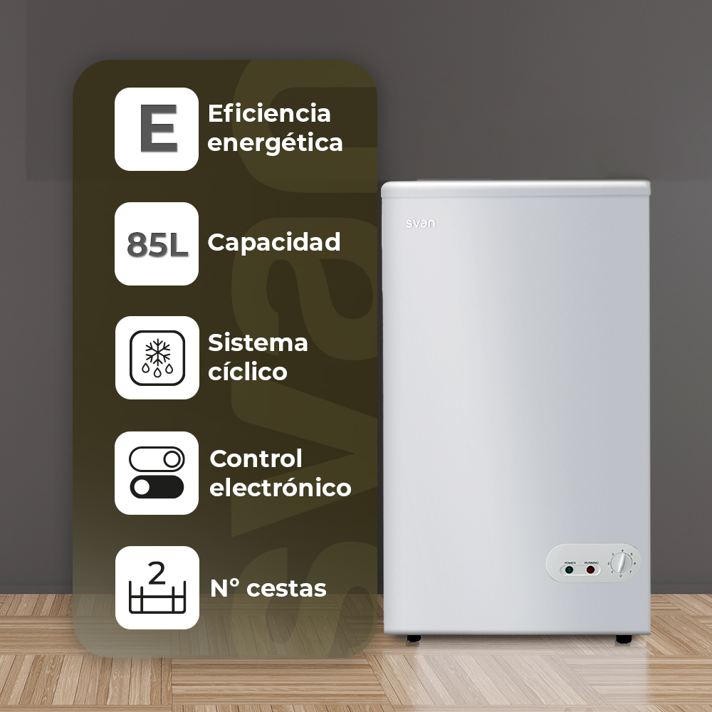 Un congelador horizontal blanco con gráficos informativos en el lado izquierdo. Tiene una capacidad de 85L.
