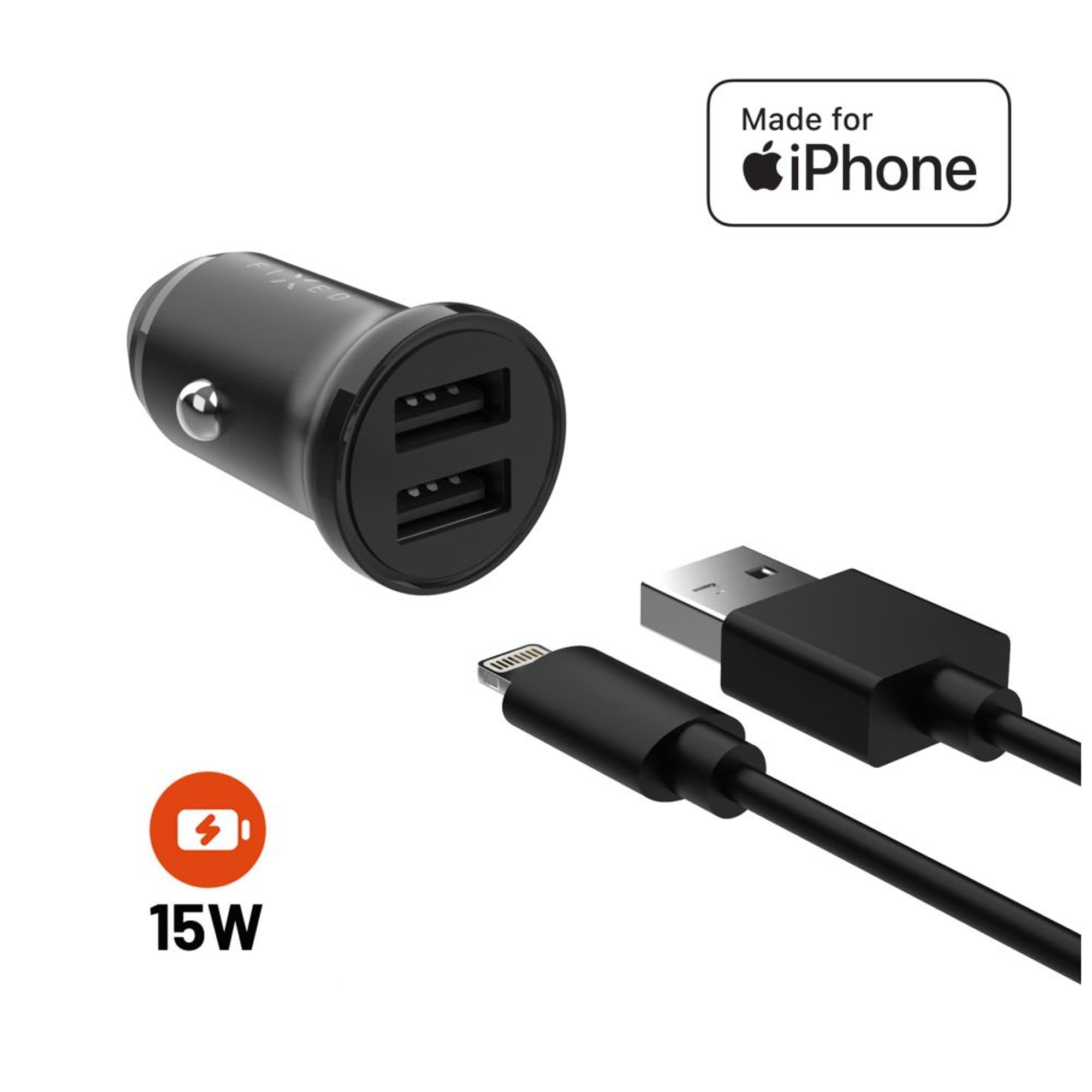 Schwarzes Autoladegerät mit zwei USB-Anschlüssen und einem Lightning-Kabel. Mit 'Made for iPhone' und '15W' gekennzeichnet.
