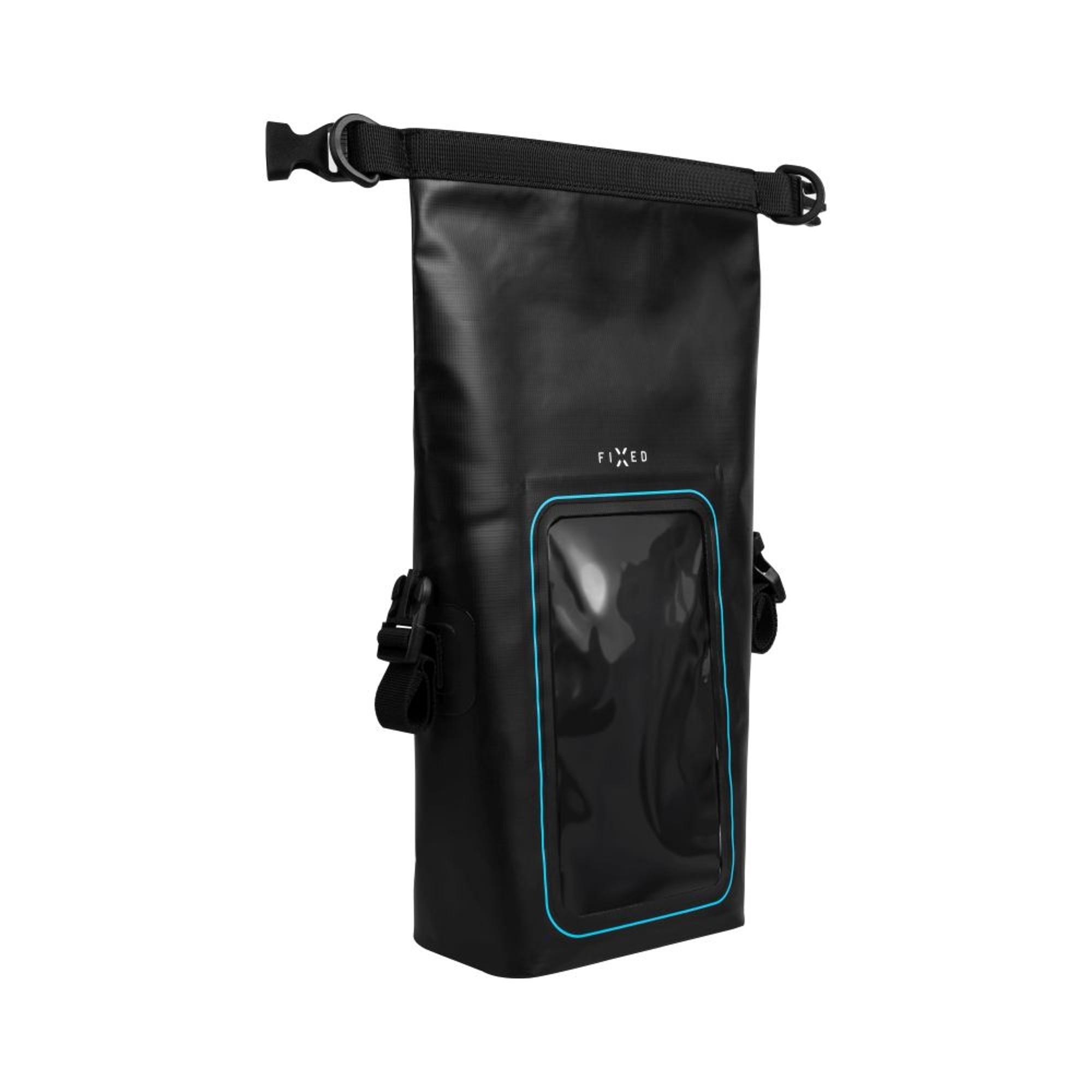 Schwarze wasserdichte Tasche mit transparentem Fenster und blauem Rand. Die Tasche ist mit Rollverschluss und Schnallen verschlossen.