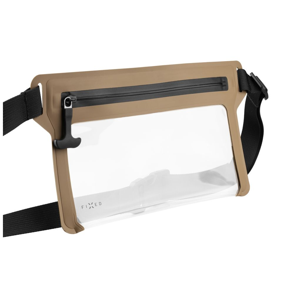 Beigefarbene wasserdichte Bauchtasche mit schwarzem Reißverschluss. Die Tasche ist geöffnet und zeigt eine transparente Tasche.