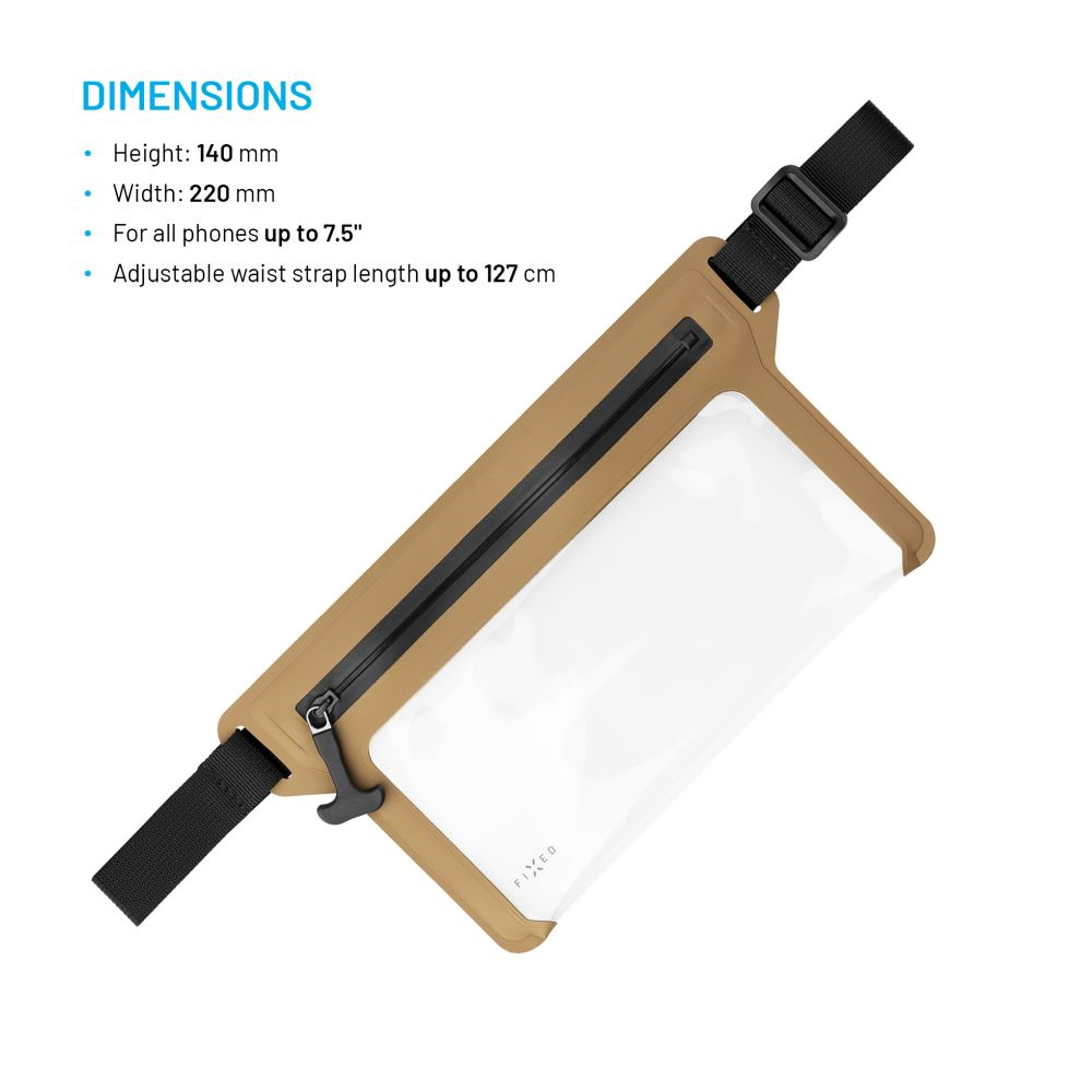 Beigefarbene wasserdichte Bauchtasche. Abmessungen: Höhe 140 mm, Breite 220 mm. Für Telefone bis 7,5".