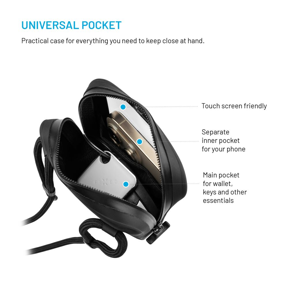 Schwarze Tasche mit Telefon, Schlüsseln und Geldbörse. Mit Reißverschluss und Trageriemen. Text: Universal Pocket.