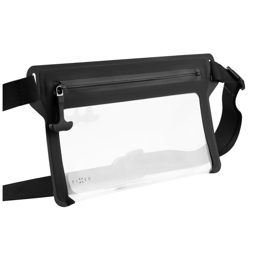 Schwarze wasserdichte Bauchtasche mit schwarzem Reißverschluss. Die Tasche ist geöffnet und zeigt eine transparente Tasche.