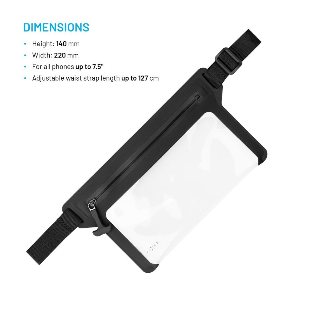 Schwarze wasserdichte Bauchtasche. Abmessungen: Höhe 140 mm, Breite 220 mm. Für Telefone bis 7,5".