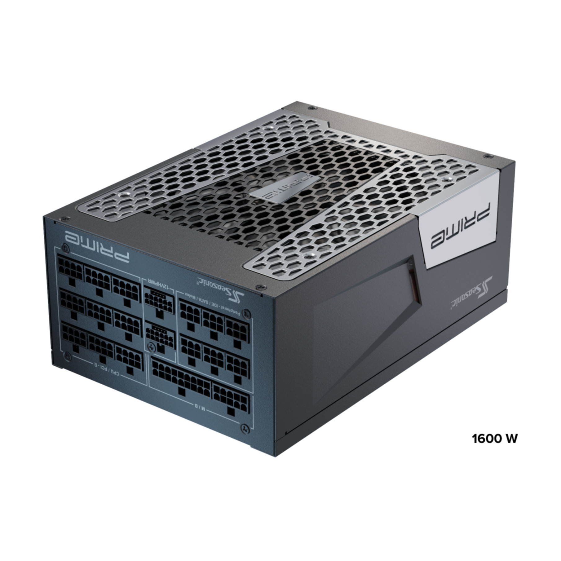 Een zwart en grijze Seasonic Prime voeding, 1600W, met meerdere poorten en een honingraatrooster.