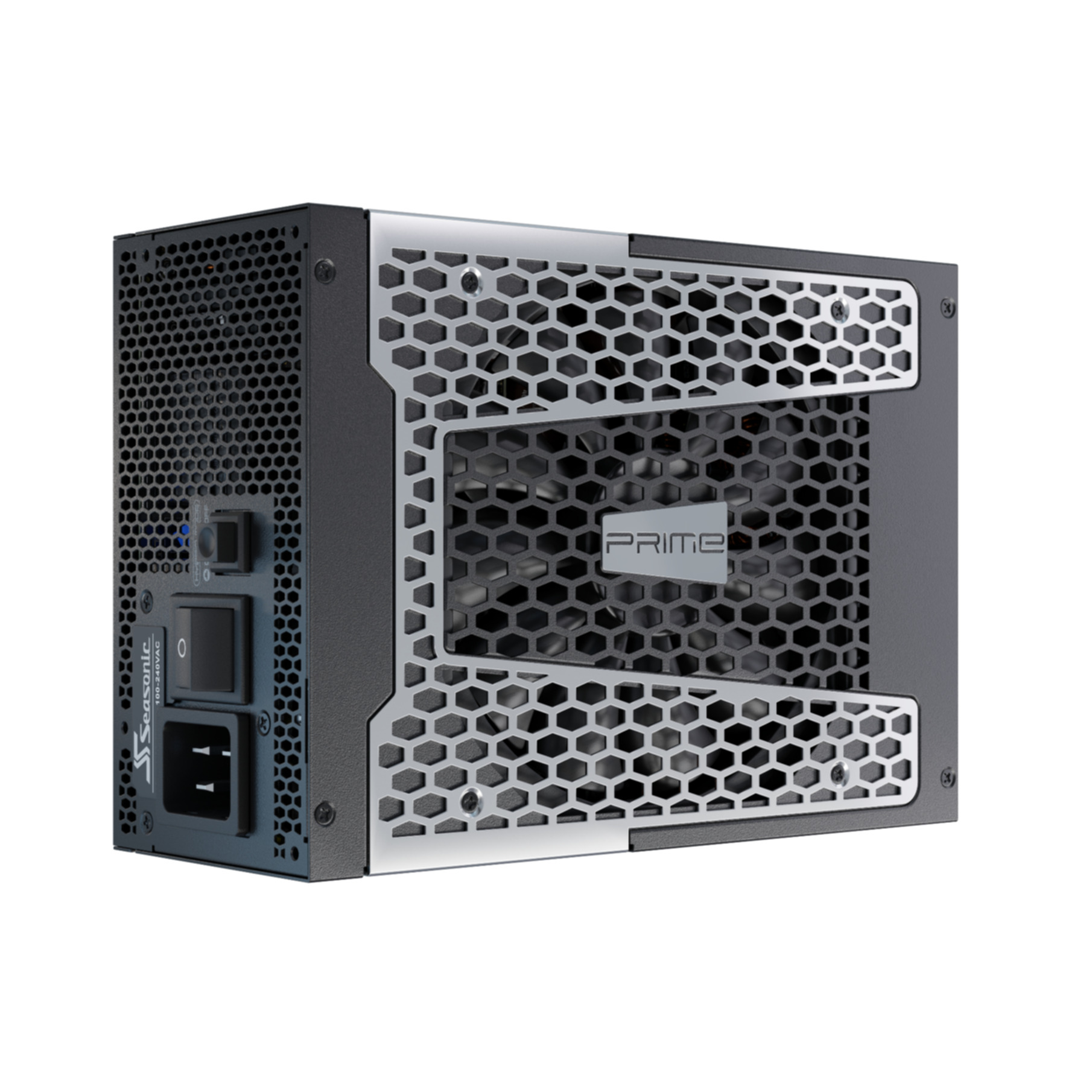 Een zwart en grijze Seasonic Prime voeding met honingraatrooster en aan/uit-schakelaar, zijaanzicht.