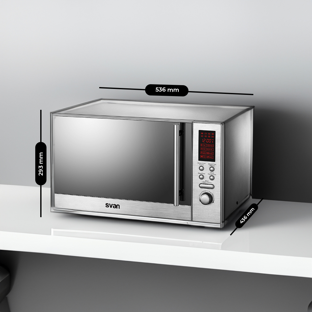 Horno microondas con dimensiones: 536 mm x 293 mm x 436 mm.