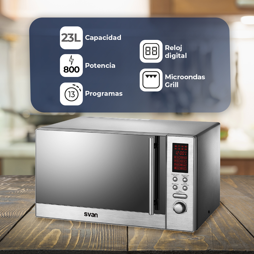 Microondas con texto e iconos: 23L Capacidad, 800W Potencia, 13 Programas.