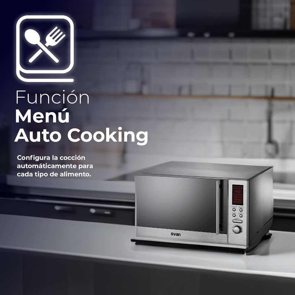 Horno microondas con texto: Menú Auto Cooking. Icono de cuchara y tenedor.