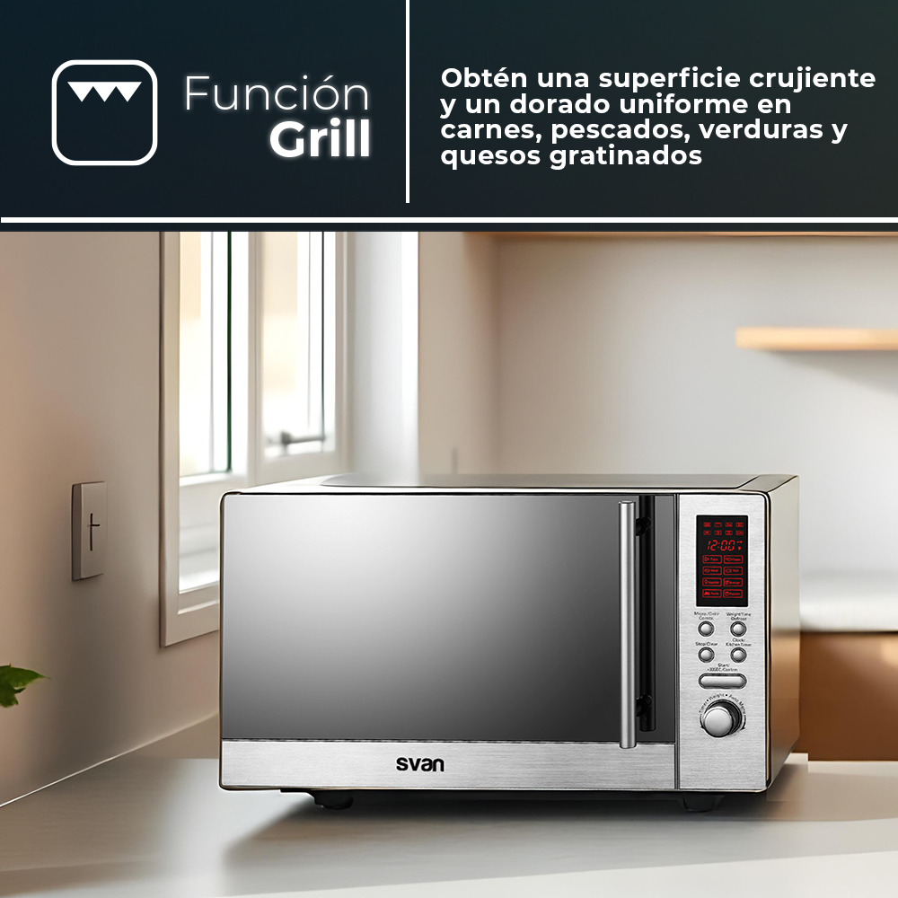 Microondas en encimera. Texto: Función Grill. Diseño plateado y negro.
