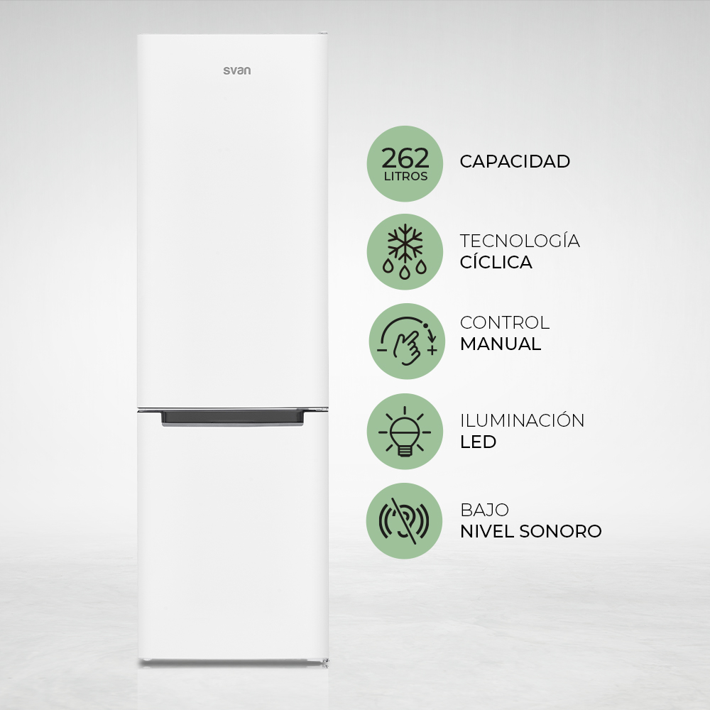 Un refrigerador blanco con la marca "svan". El texto y los iconos enumeran características como capacidad e iluminación LED.