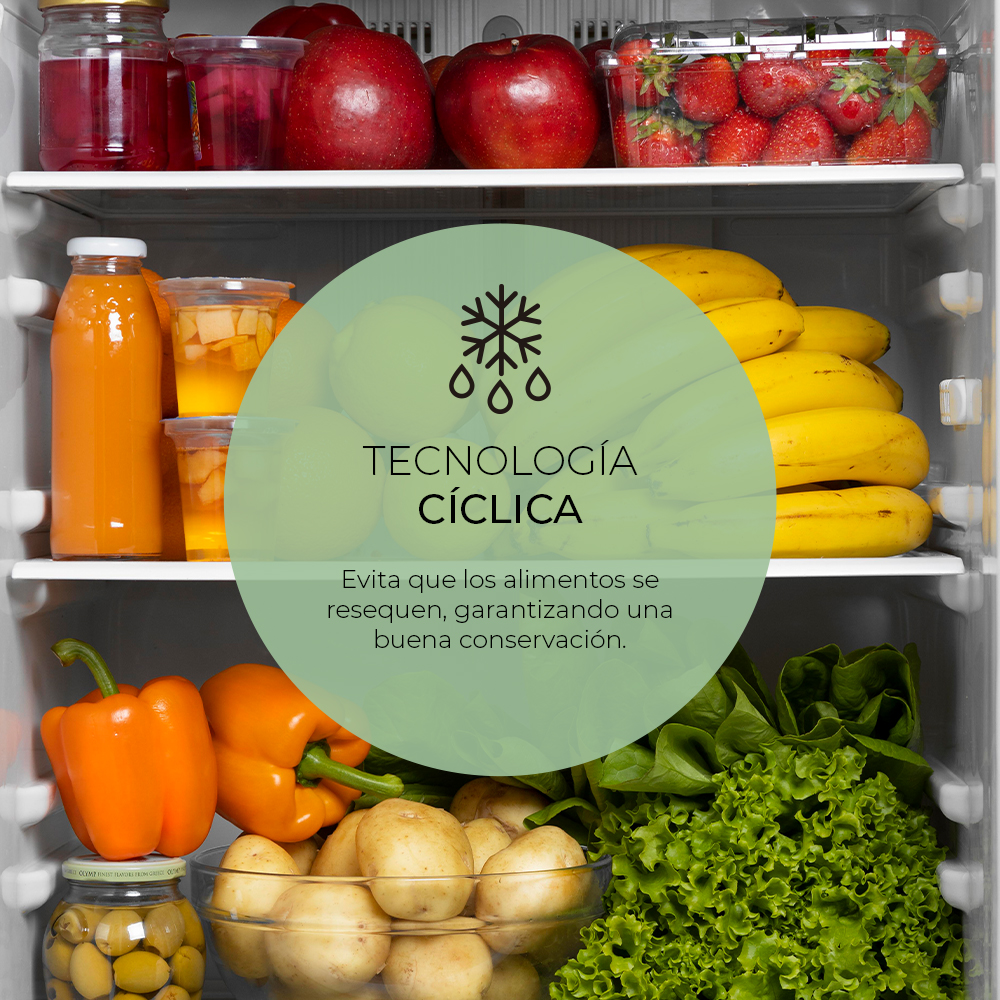 Interior de un refrigerador lleno de alimentos como verduras, frutas y jugos.