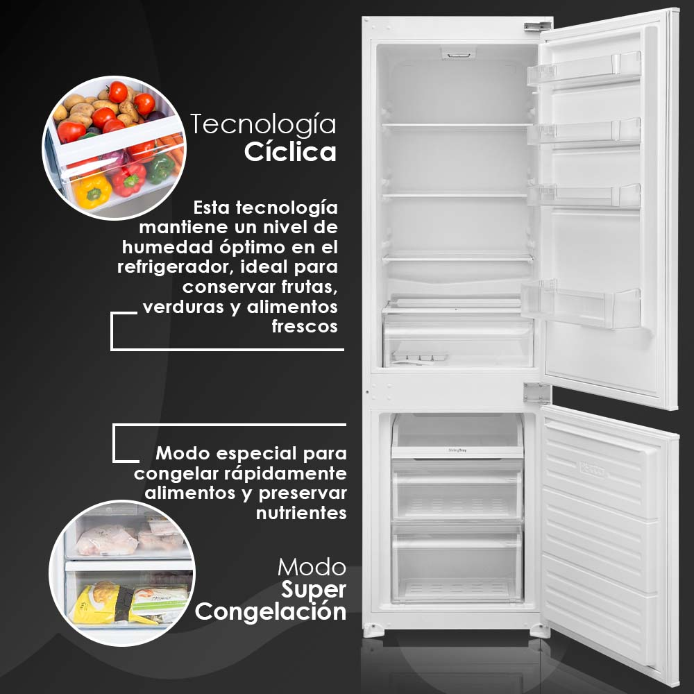 Refrigerador blanco con puerta abierta, mostrando estantes con frutas, verduras y cajones.