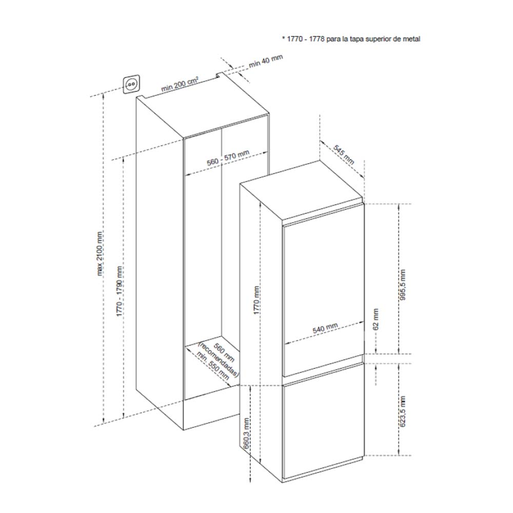 Dibujo técnico de un refrigerador, mostrando dimensiones y un enchufe eléctrico montado en la parte superior.