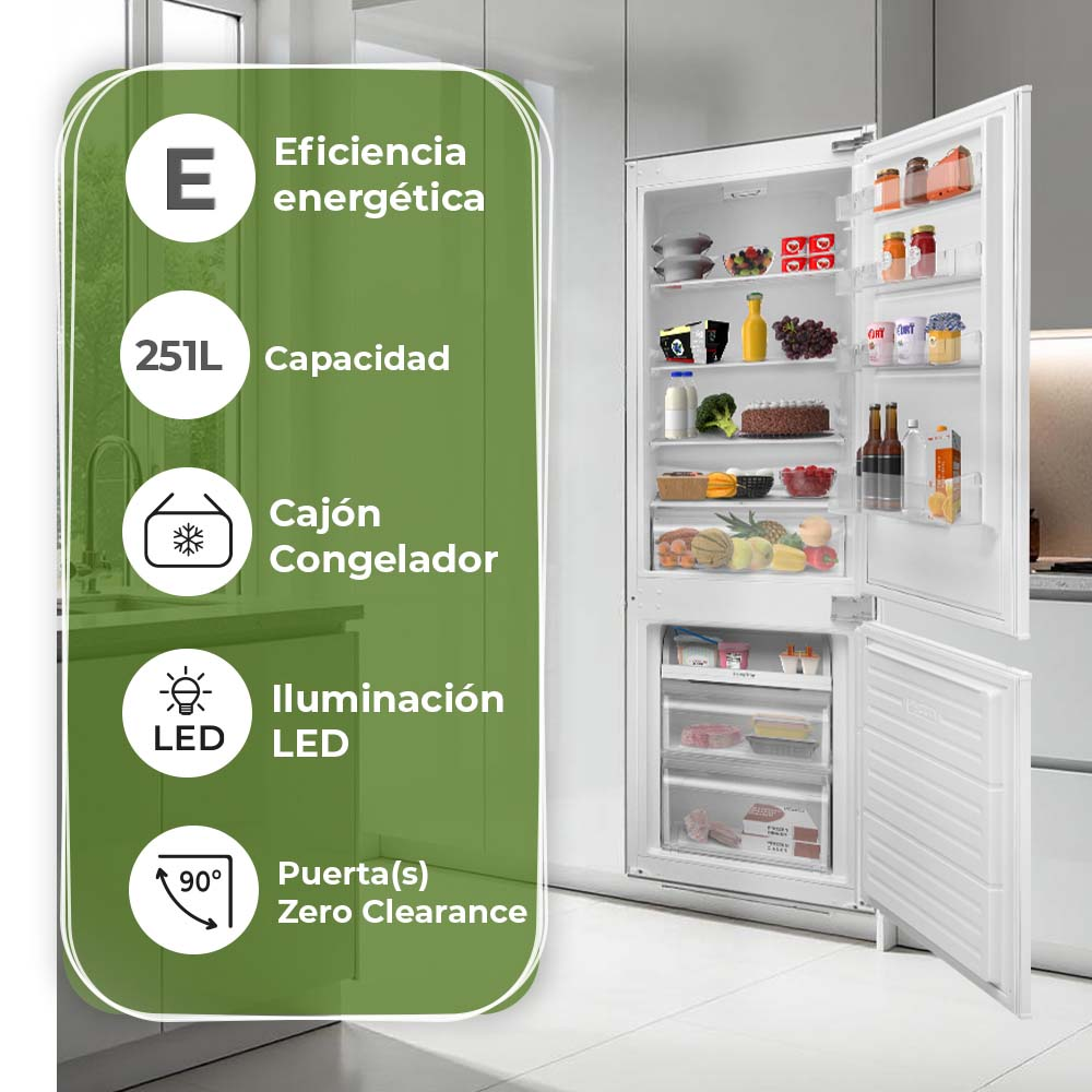 Refrigerador blanco con iconos que muestran eficiencia energética, capacidad, cajón congelador, iluminación LED y más.