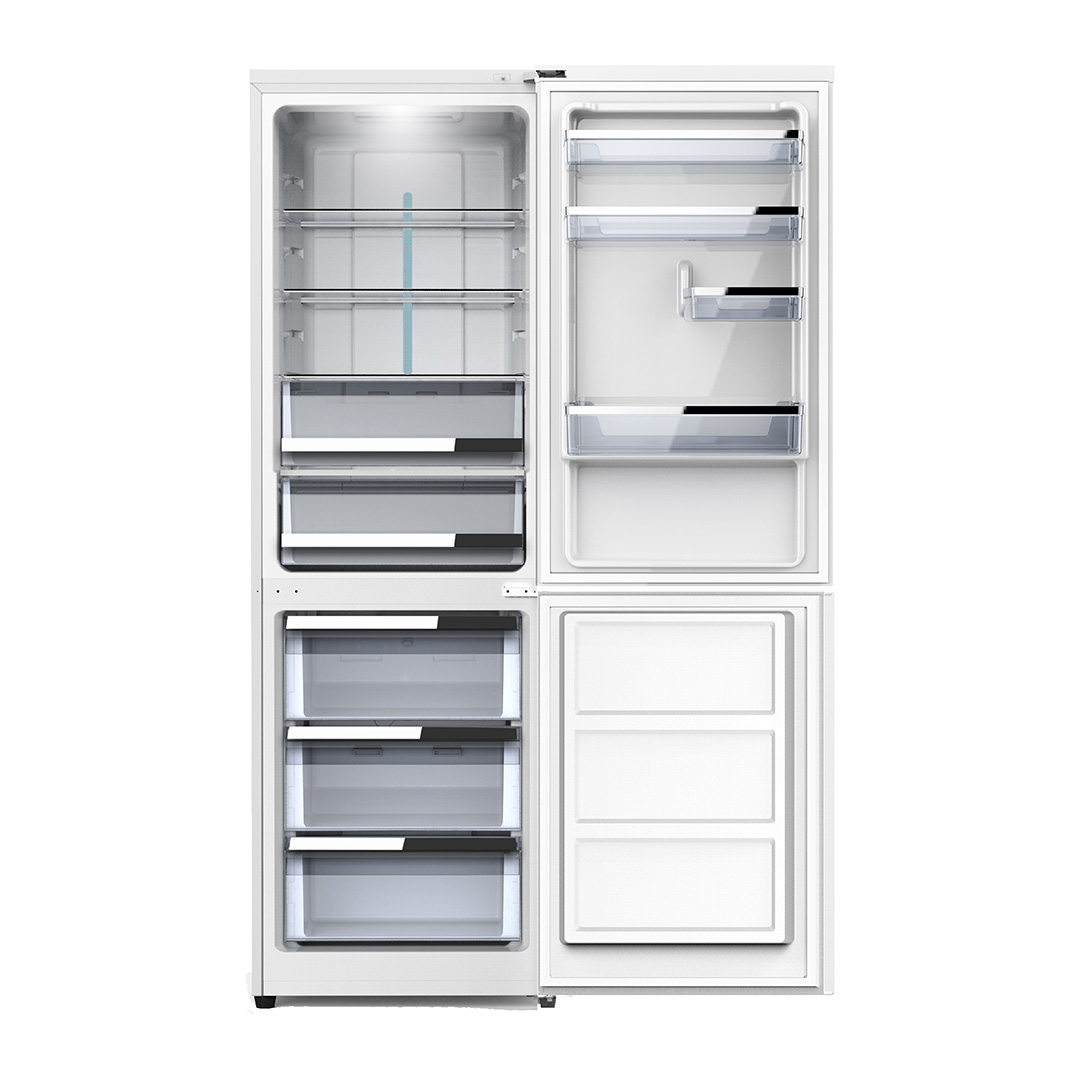 Un refrigerador blanco con puertas abiertas. Se ven estantes, cajones y compartimentos.