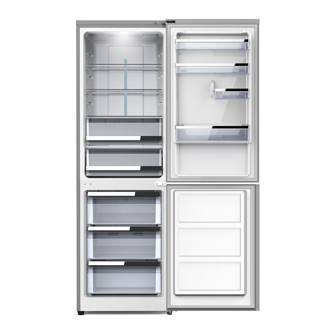 Un refrigerador con puertas abiertas. Se ven estantes, cajones y compartimentos interiores.