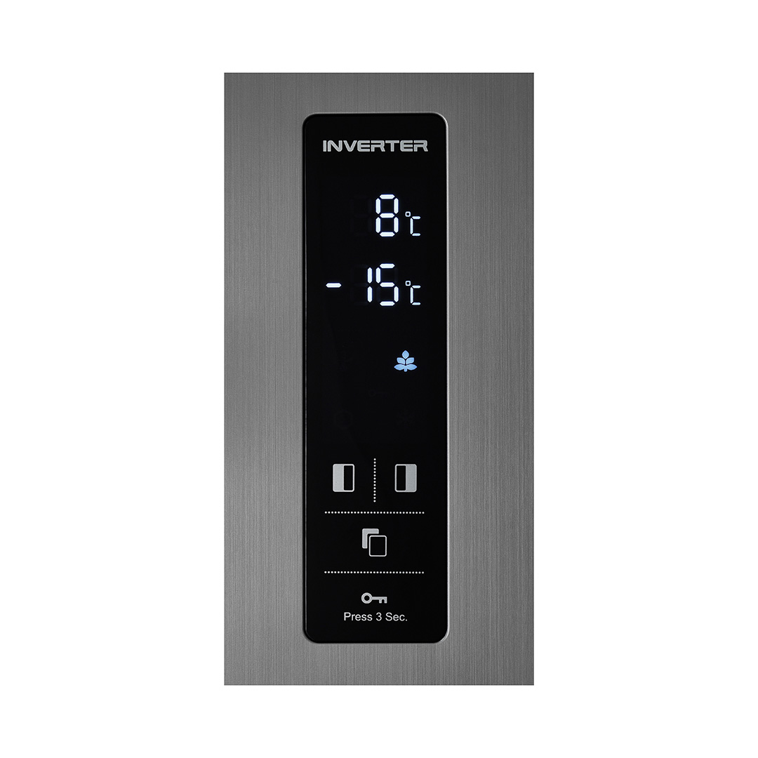 Primer plano del panel de control de un refrigerador negro. Muestra lecturas de temperatura e iconos. Palabra 'INVERTER'.