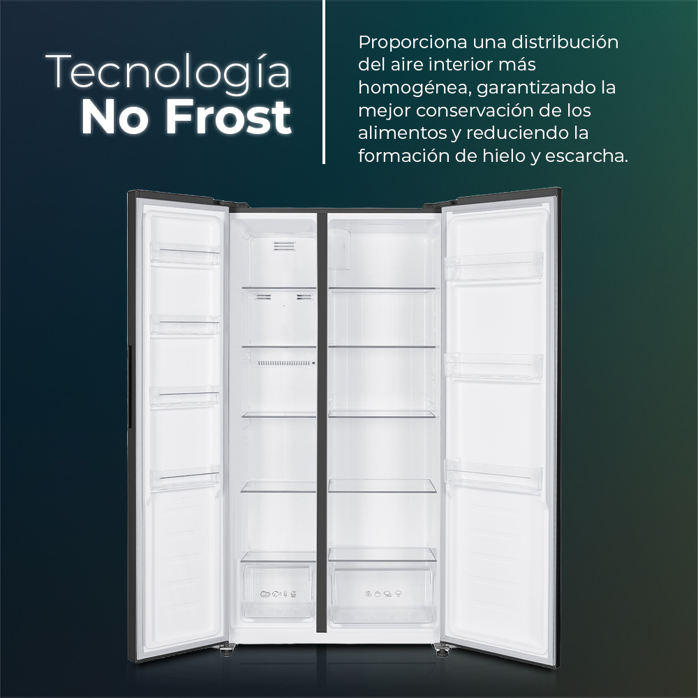 Un refrigerador con puertas abiertas, mostrando el interior con estantes y cajones, y texto que describe la función 'No Frost'.