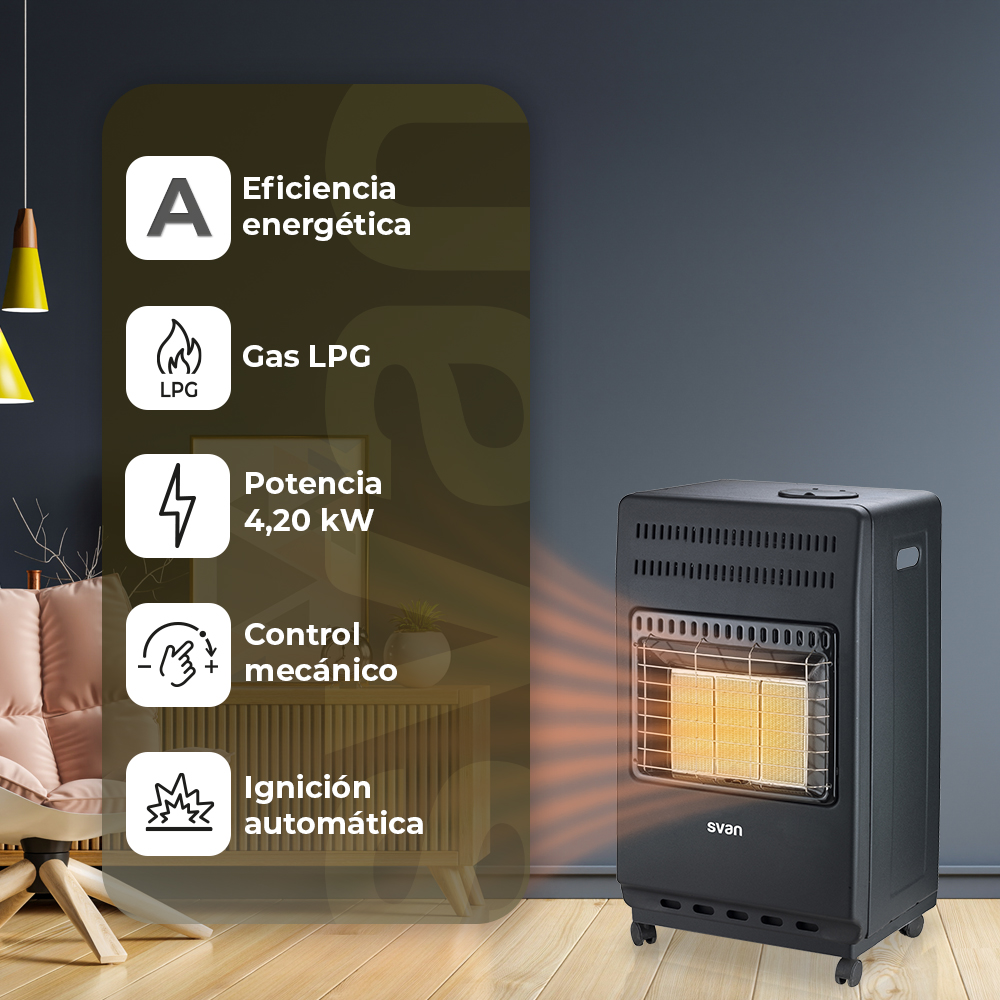 Un calentador de gas Svan negro se encuentra sobre un piso de madera, con infografías sobre sus características superpuestas en el lado izquierdo.