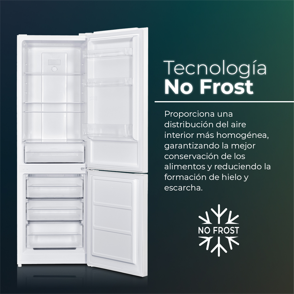 Refrigerador blanco con puertas abiertas que muestran estantes, cajones y texto sobre tecnología No Frost.