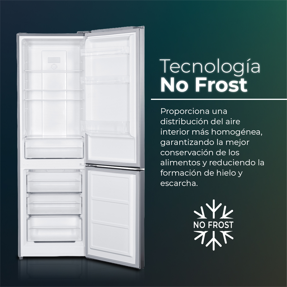 Un refrigerador abierto mostrando estantes y cajones, con texto sobre sus características.