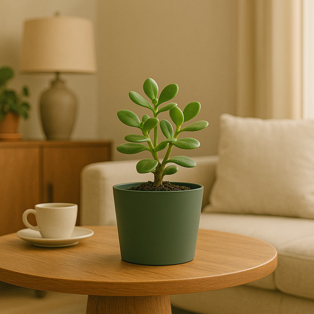 Een kleine groene pot met een plant op een houten tafel, met een kopje en lamp op de achtergrond.