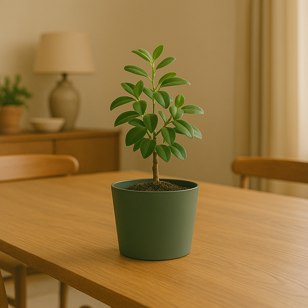 Een kleine groene pot met een plant op een houten tafel, met een lamp op de achtergrond.