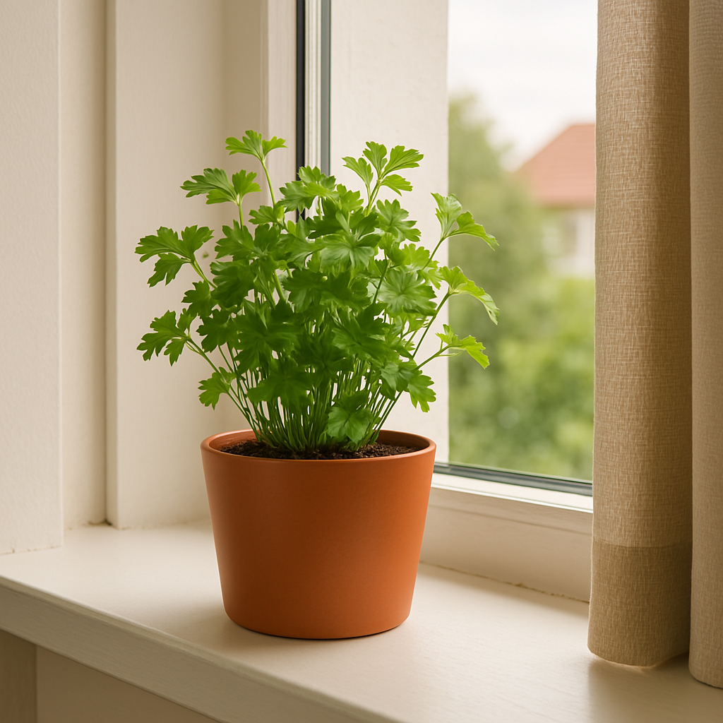 Een plant in een oranje pot op een vensterbank, met uitzicht naar buiten.
