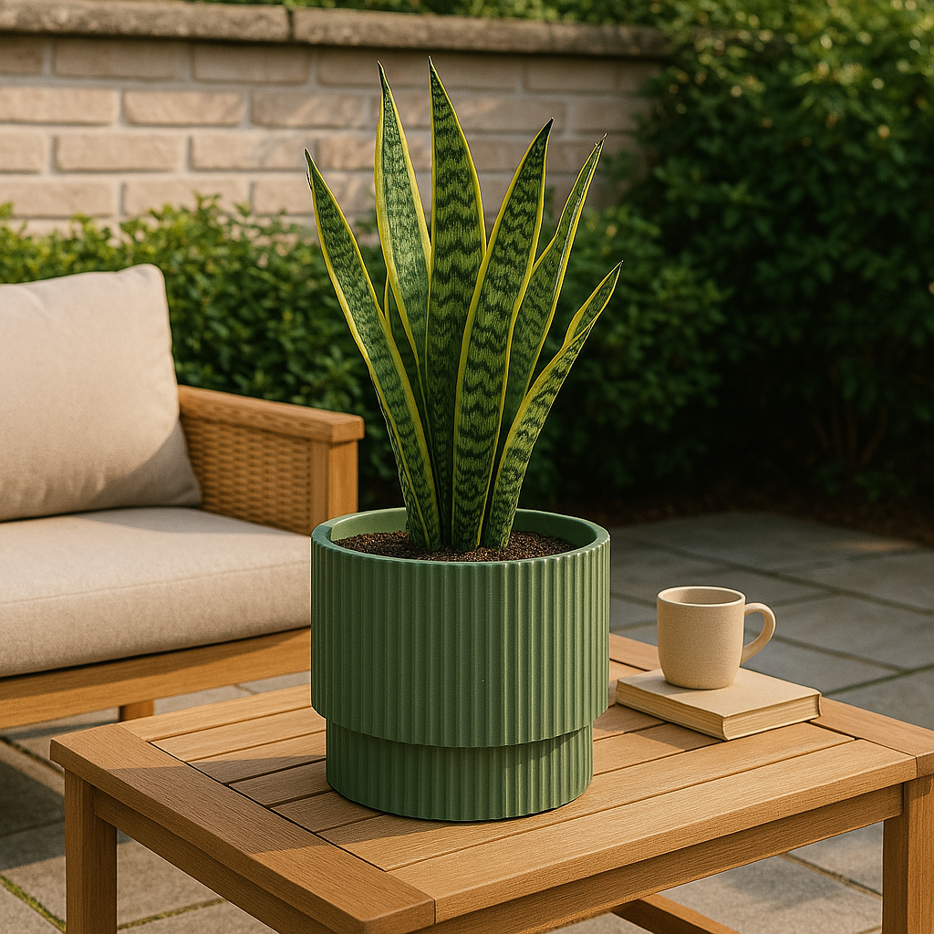 Groene pot met een slangplant op een houten tafel, een kopje en boek ernaast. Achtergrond heeft een stoel en bakstenen muur.
