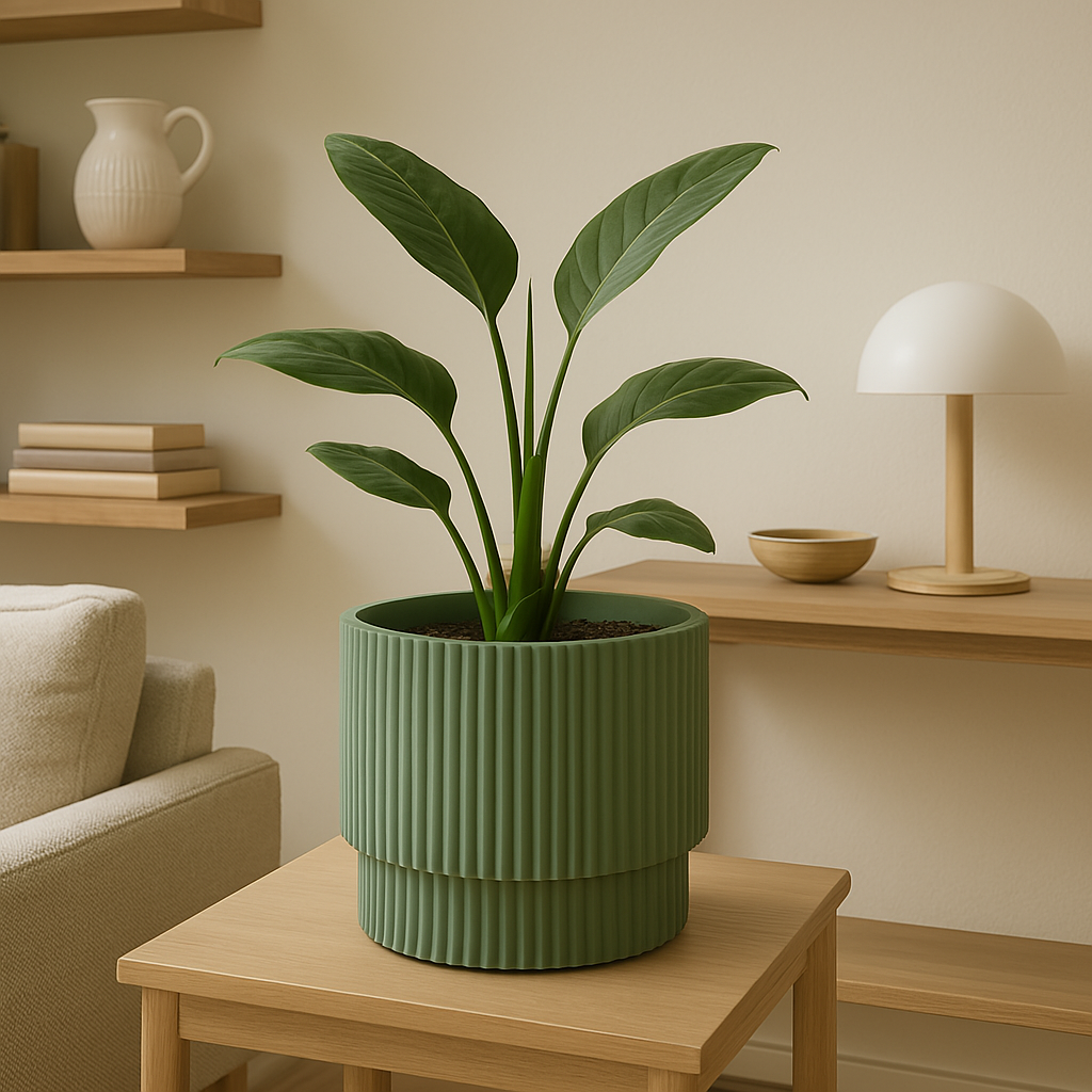 Een groene, geribbelde pot met een plant op een houten tafel, met een lamp en planken op de achtergrond.