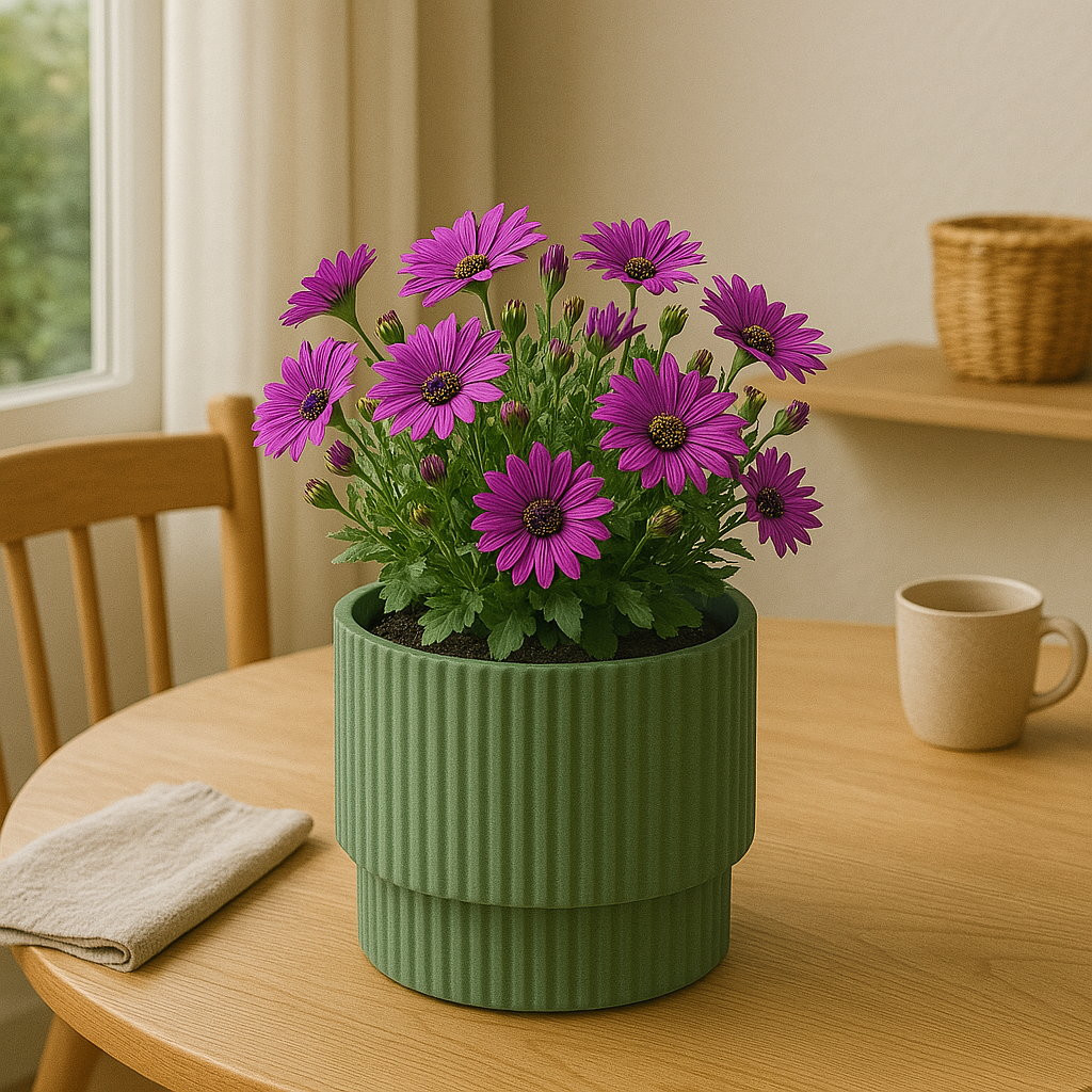 Een groene, geribbelde pot met paarse bloemen op een tafel, met een kopje op de achtergrond.