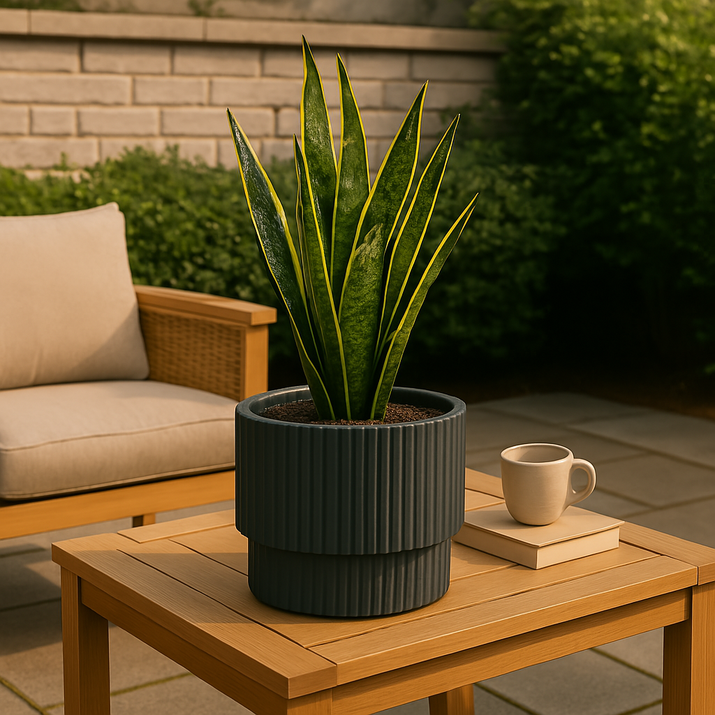 Slangplant in een donkergrijze pot op een houten tafel. Een kopje en boek ernaast. Een stoel en bakstenen muur op de achtergrond.