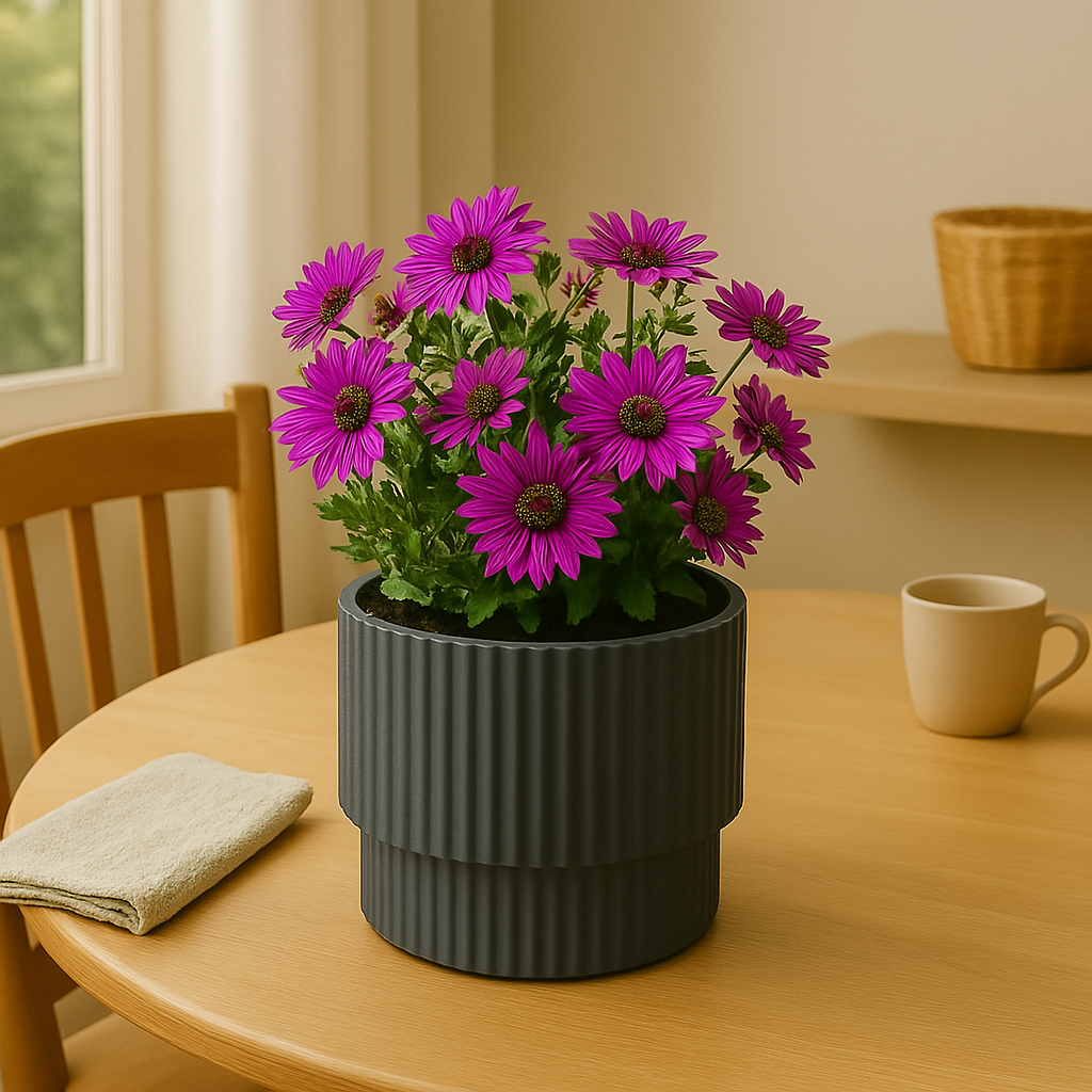 Paarse madeliefachtige bloemen in een donkergrijze pot op een houten tafel. Een handdoek en een mok in de buurt. Een mand op de achtergrond.