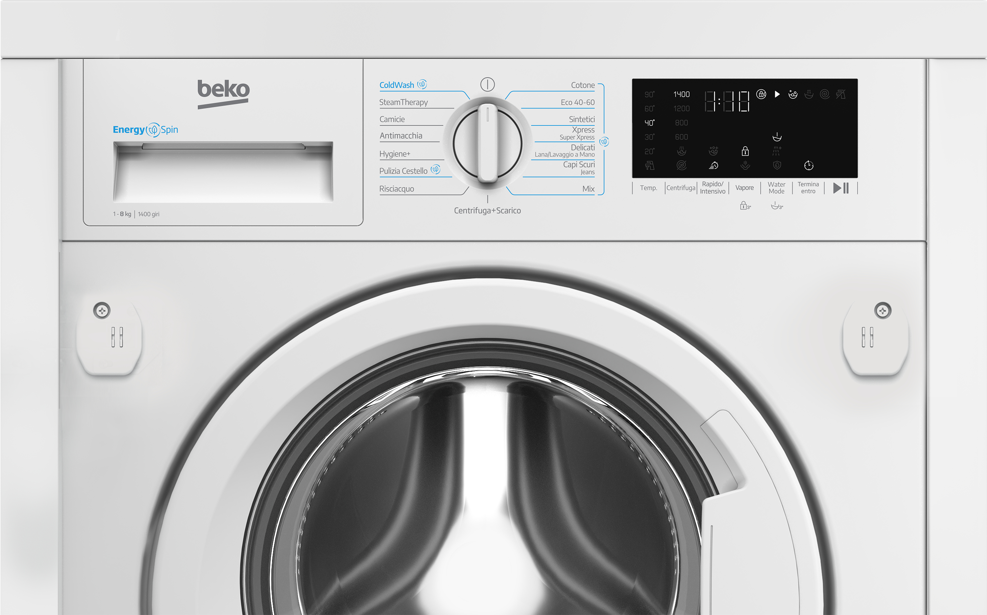 Una lavatrice Beko bianca con un pannello di controllo e uno sportello del cestello visibile.