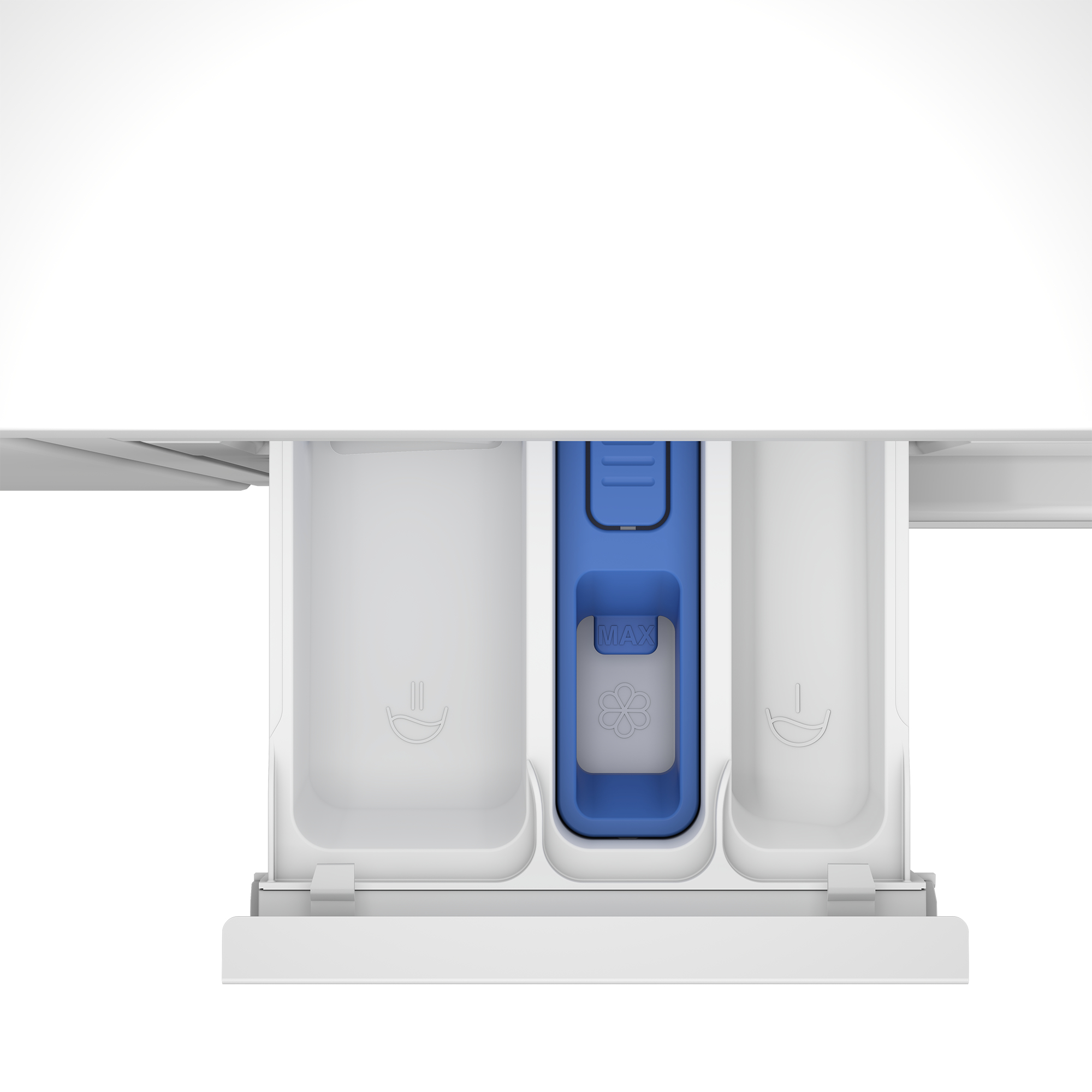 Zbliżenie szuflady na detergent pralki. Szuflada jest otwarta, odsłaniając przegródki.