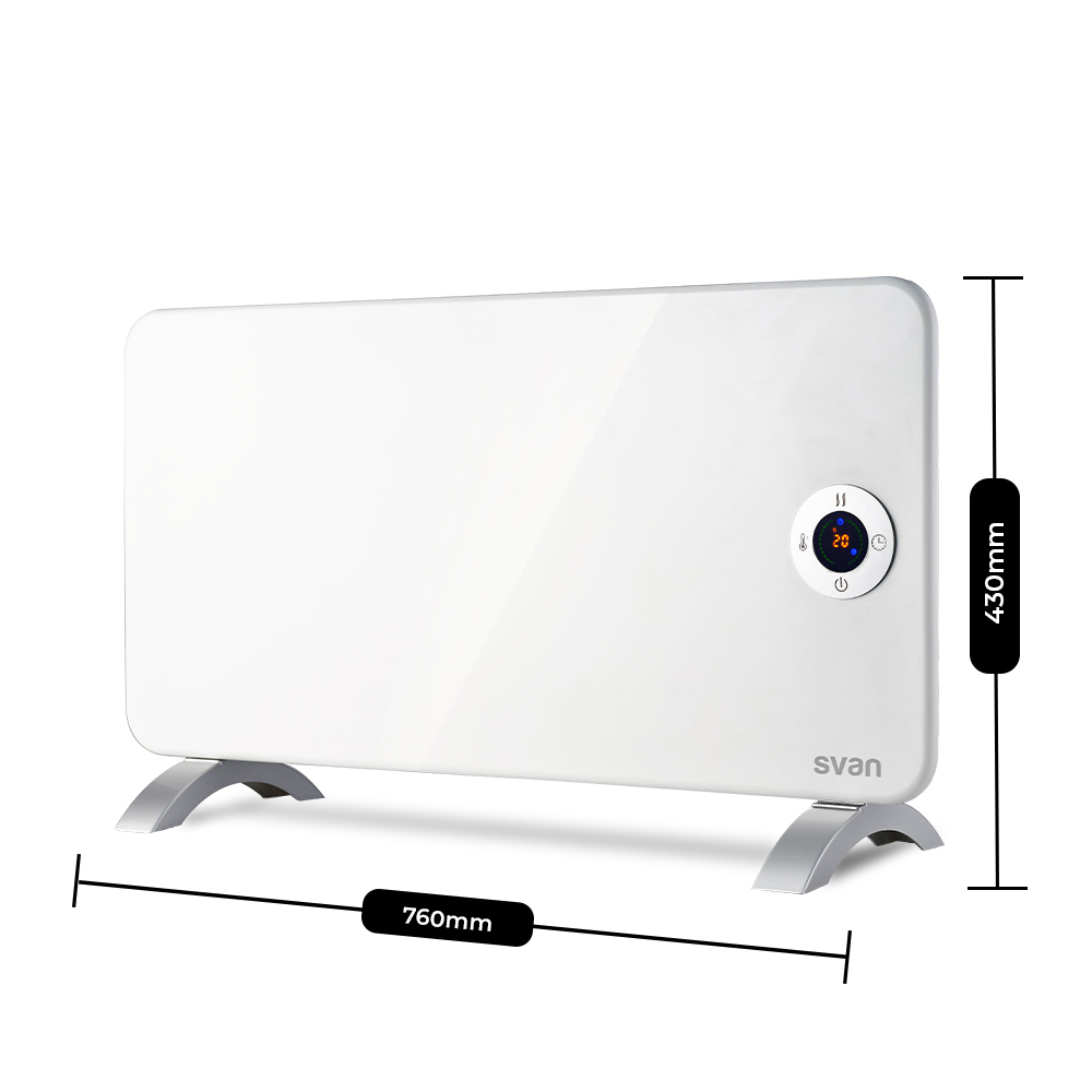 Calentador eléctrico blanco con pantalla digital, patas grises, dimensiones etiquetadas. 760mm ancho, 430mm alto.