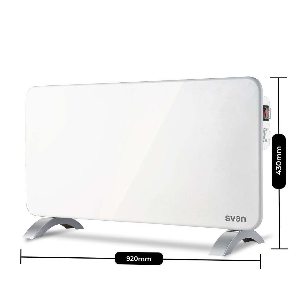 Calentador eléctrico blanco con patas grises, dimensiones etiquetadas. 920mm ancho, 430mm alto.