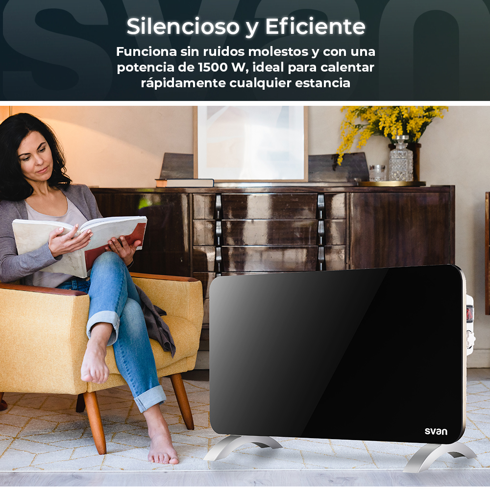 Mujer leyendo, pies descalzos, cerca de un calefactor negro y una silla amarilla. Fondo: mueble de madera.