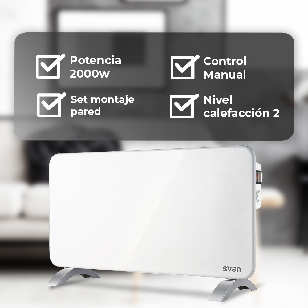Calentador eléctrico blanco con casillas de verificación y texto, fondo borroso. Características: potencia, control manual.