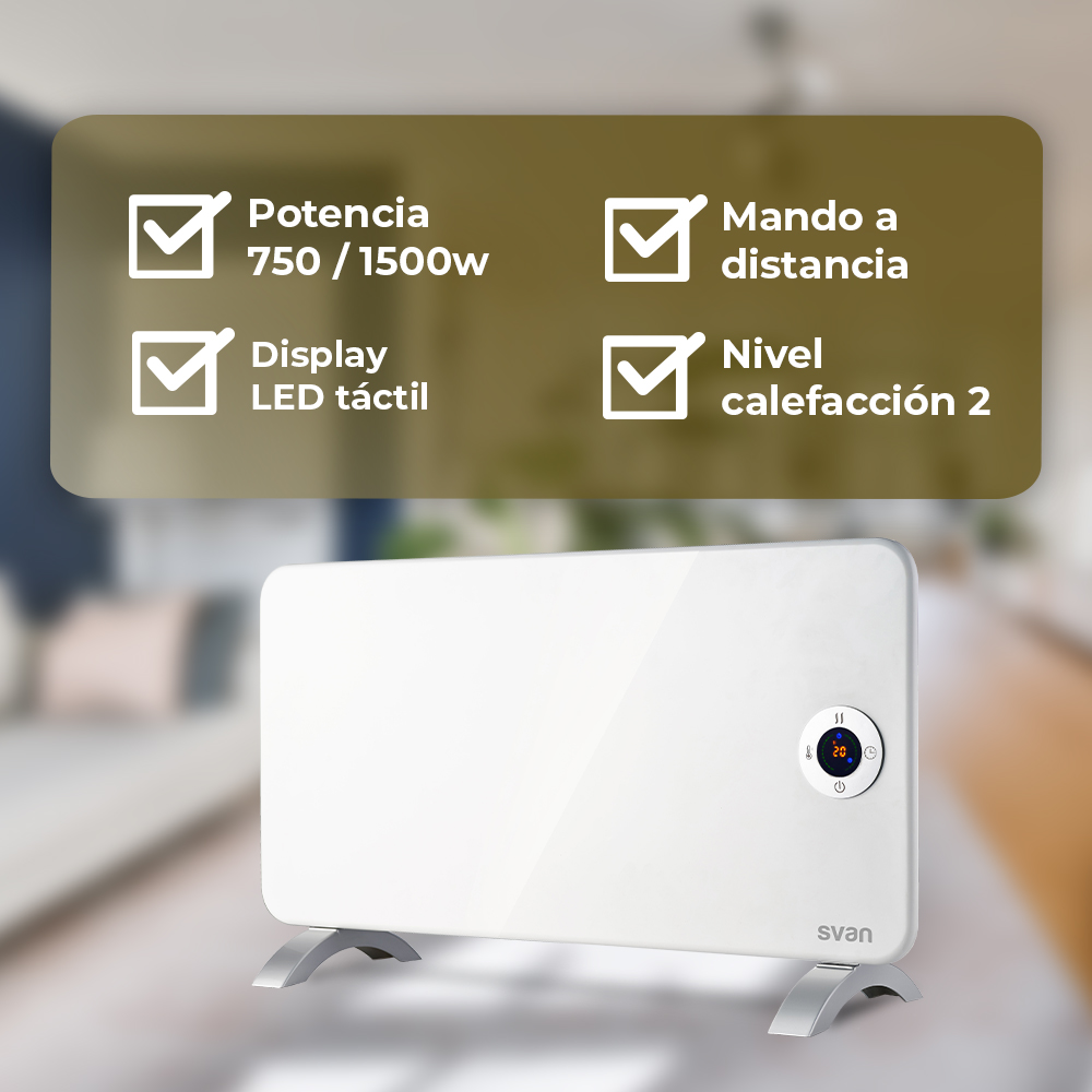 Calentador eléctrico blanco con iconos de funciones. Pantalla, mando a distancia y dos niveles de calefacción.