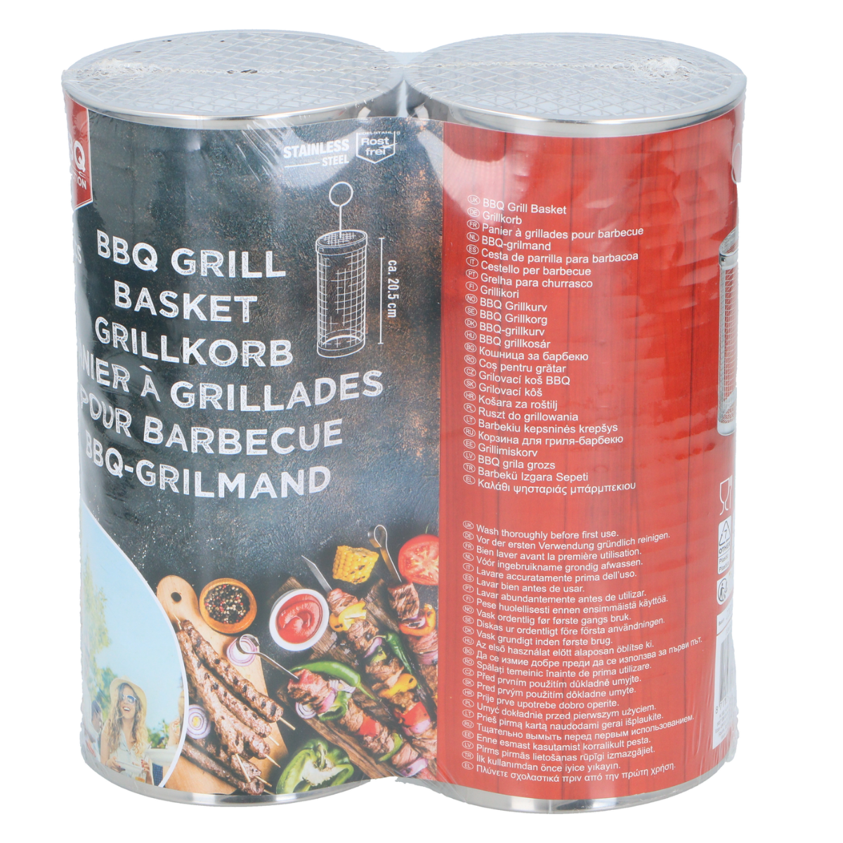Two cans wrapped in plastic. They have text on them: BBQ grill basket, for grilled food, BBQ-grilmand.