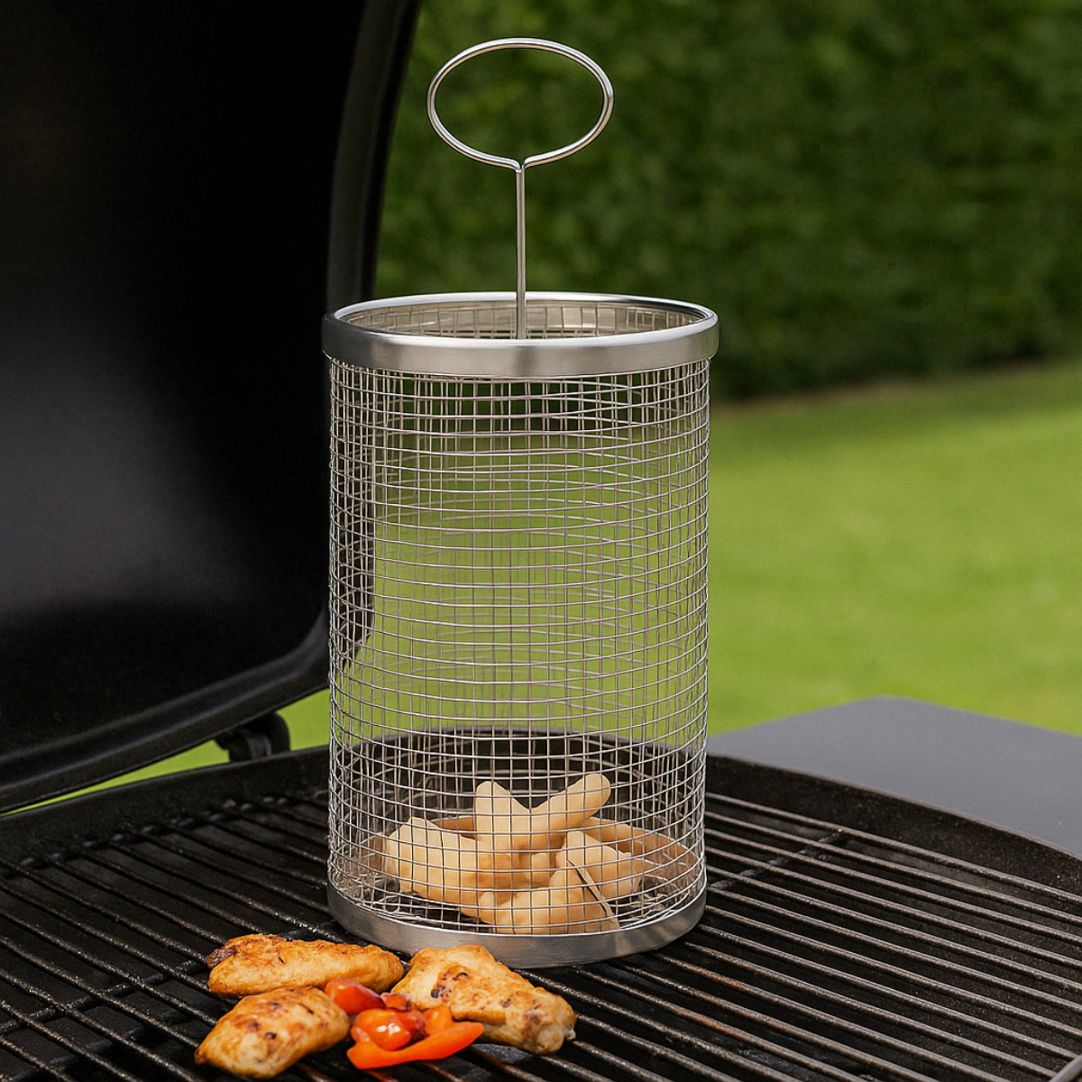 A metal grill basket with sausages inside, and grilled chicken pieces. Green grass in the background.