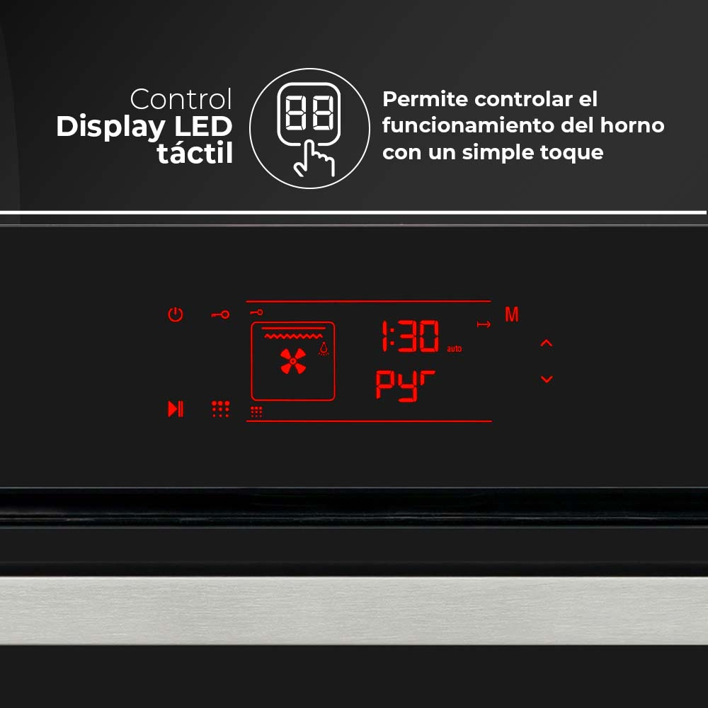 Primer plano de una pantalla digital en un horno. Muestra números, símbolos y texto en rojo.